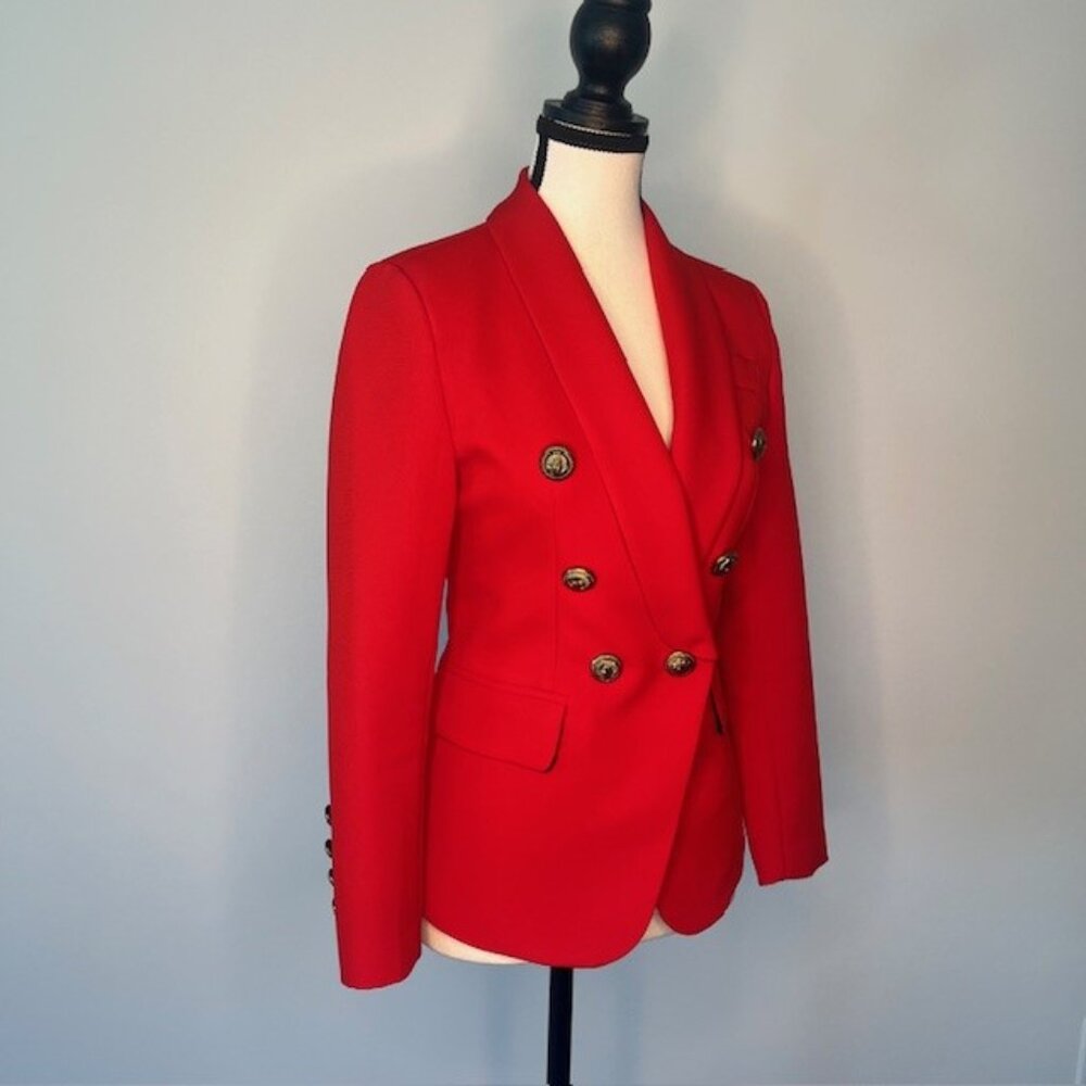 Women's Red Suit Jacket with Gold Lion Button Accents, Size Small